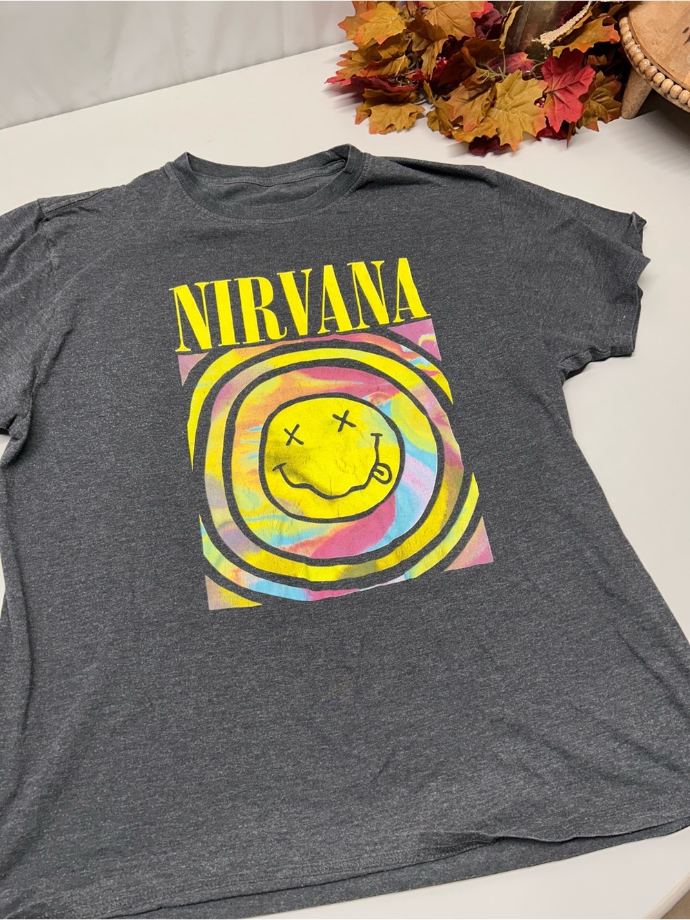 NIRVANA Gray Tee with Yellow Tie-Dye Smile Graphic
